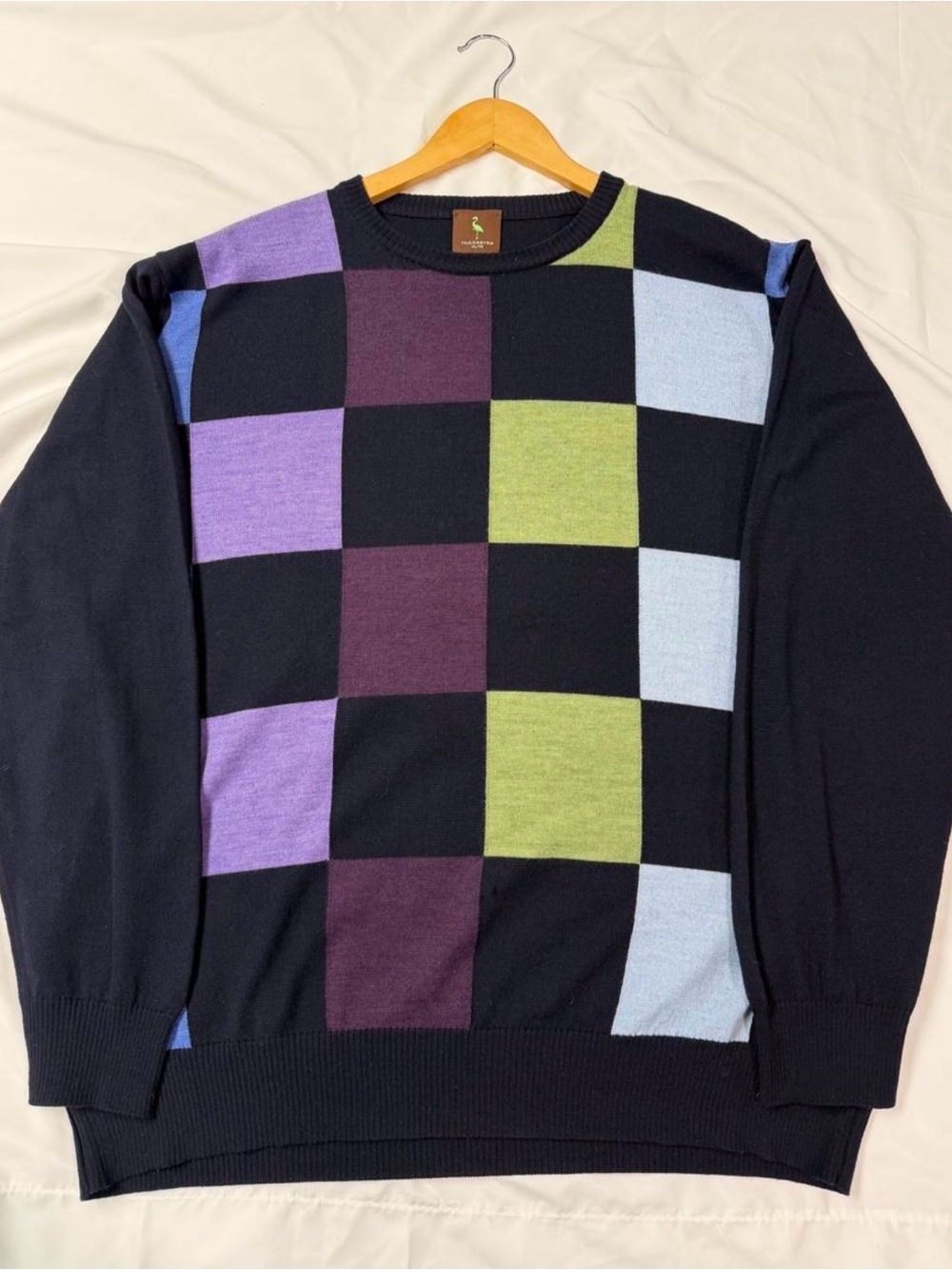 Tailorbyrd Mens Sweater XL Colorblock Check Crewneck Navy Made In Italy